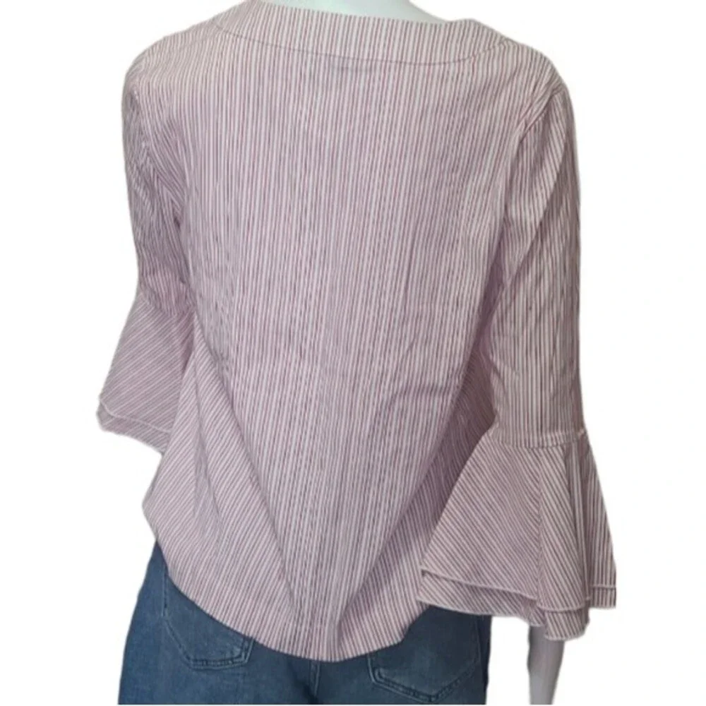 White House Black Market pink white striped v-neck bell sleeve top size 6 - Picture 3 of 7
